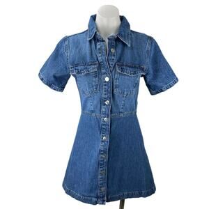 Zara Blue Medium Wash Short Sleeve Button Down A Line Mini Denim Jean Dress Sz S